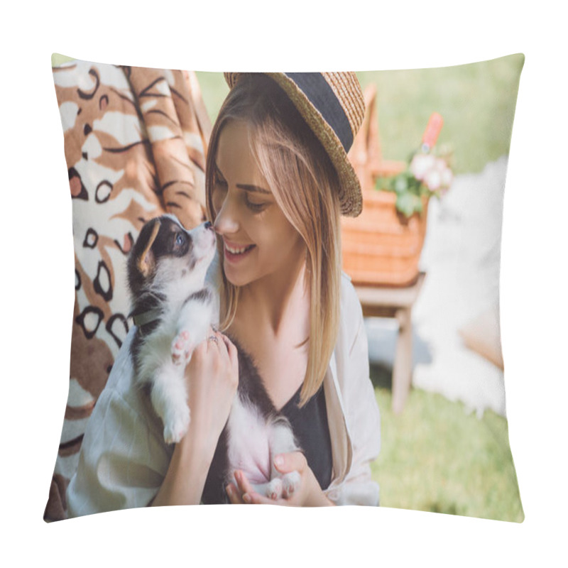 Personality  Happy Blonde Girl In Straw Hat Looking At Puppy While Sitting In Deck Chair In Garden Pillow Covers