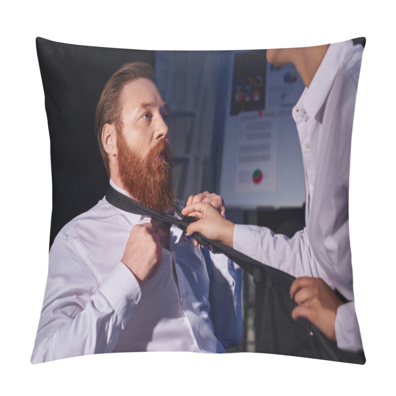 Personality  Amazed Bearded Businessman Near African American Woman Pulling His Tie, Seduction In Dark Office Pillow Covers