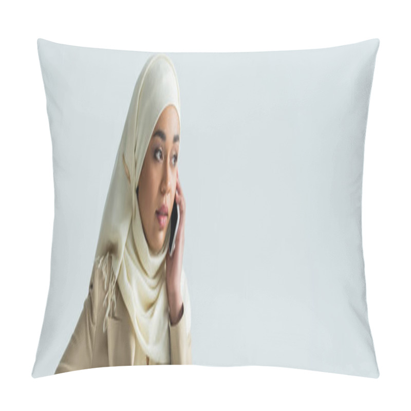 Personality  Stylish Muslim Woman In Hijab And Beige Suit Talking On Smartphone Isolated On Grey, Banner Pillow Covers