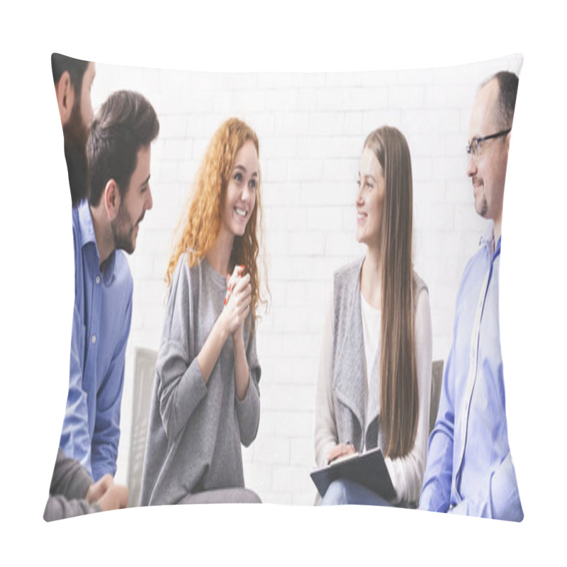 Personality  Addicted Woman Sharing Her Rehabilitation Success With Group At Therapy Session Pillow Covers