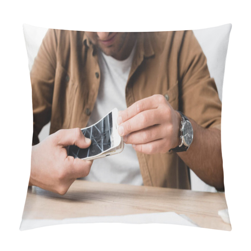 Personality  Cropped View Of Businessman Disassemble Smashed Smartphone While Sitting At Table On Blurred Foreground Pillow Covers