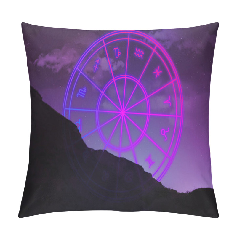 Personality  Astrology. Zodiac Wheel And Mountain Under Night Sky Pillow Covers