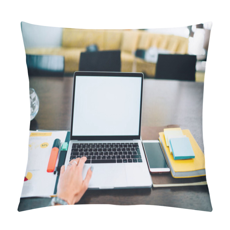 Personality  Cropped Image Of Female Using Mockup Laptop With Copy Space Area For Your Website And Documents With Statistics For Business Analyzing And E Learning, Education Textbook For Journalistic Research Pillow Covers