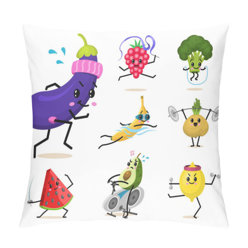 Personality  Sports Fruit Characters. Set Of Cute Healthy Vegetables And Funny Face Berries. Happy Food Strawberry Eggplant Banana Watermelon Broccoli Avocado Turnip. Vegetarian Vitamin Diet And Fitness Concept. Pillow Covers