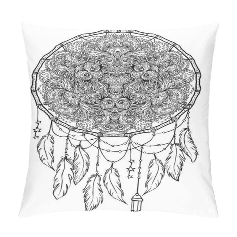 Personality  Hand Drawn Native American Indian Talisman Dreamcatcher With Fea Pillow Covers