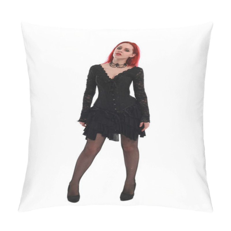 Personality  Full Length Portrait Of A  Red Haired Girl Wearing A  Black Gothic Gown, Standing Pose On A Grey Studio Background. Pillow Covers