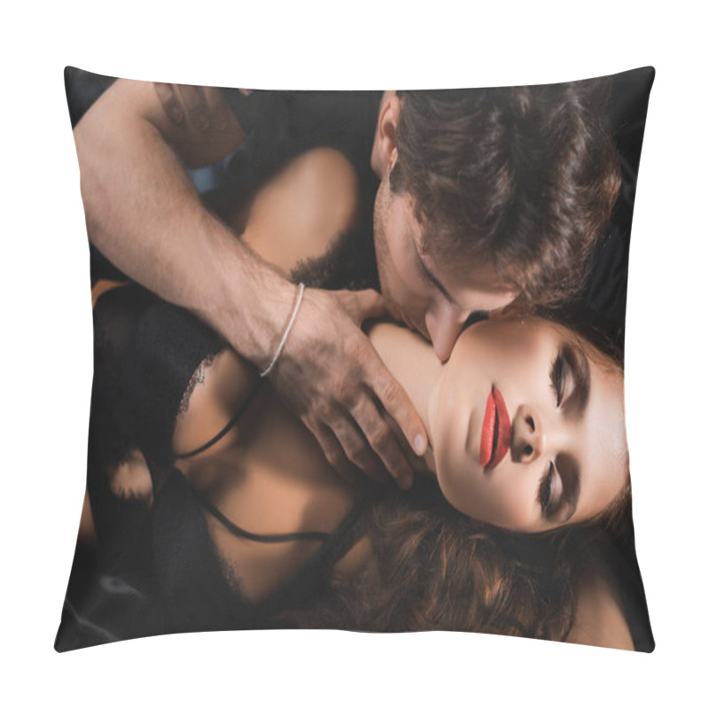 Personality  Top View Of Man Kissing Neck Of Woman With Red Lips In Lingerie  Pillow Covers