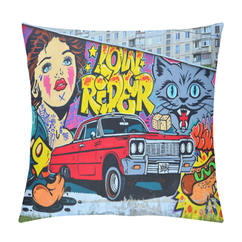 Personality  A Detailed Image Of Graffiti Drawing. Conceptual Street Art Background With Cartoon Characters, A Retro Girl, An Evil Cat Muzzle, Letter Graffiti, Hot Dog, Dice And A Red Lowrider Car Pillow Covers