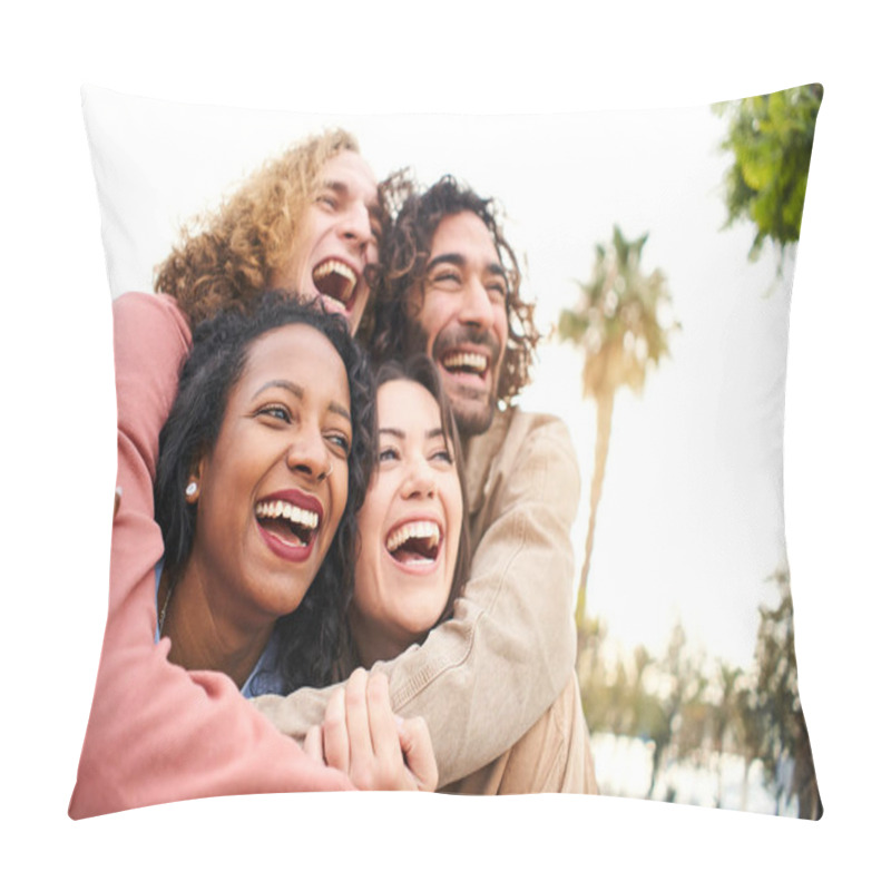 Personality  Embrace People Laughing. Young Group Of Friends Outdoors. Youth Culture And City Lifestyle. High Quality Photo Pillow Covers