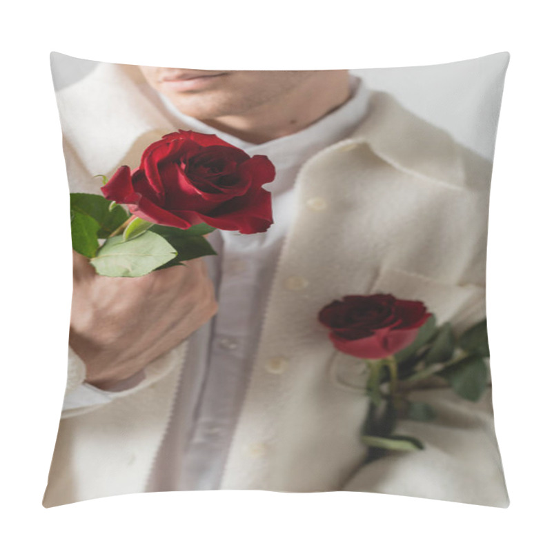 Personality  Cropped View Of Blurred Man In White Soft Jacket Holding Red Roses Isolated On Grey Pillow Covers