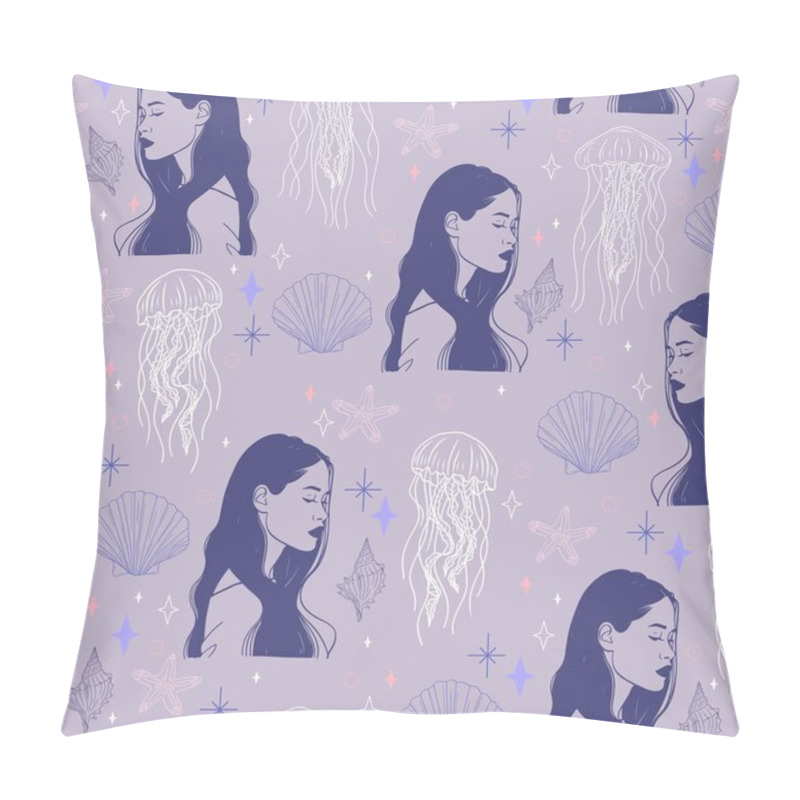 Personality  Underwater World Seamless Pattern With Mermaids, Sea Stars, Shells, And Jellyfish. Hand-Drawn Vector Background Pillow Covers