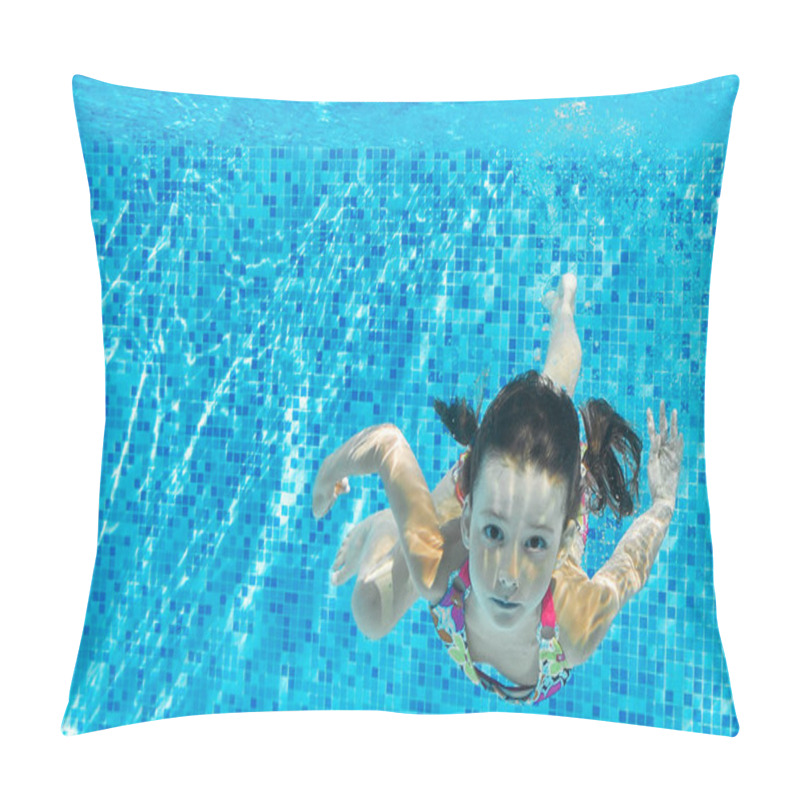 Personality  Child Swims In Pool Underwater, Happy Active Girl Dives And Has Fun Under Water, Kid Fitness And Sport On Family Vacation Pillow Covers