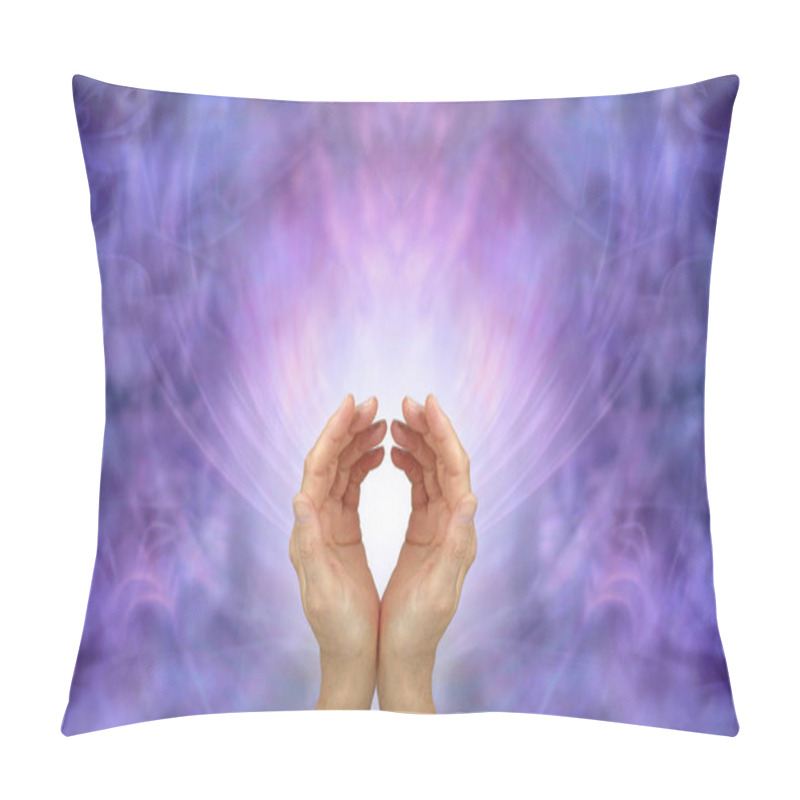 Personality  Sending You High Vibe Spiritual Healing Energy - Female Cupped Hands Against A Purple Pink Ethereal  Background Ideal For A Reiki Share Invitation With Space For Text Pillow Covers