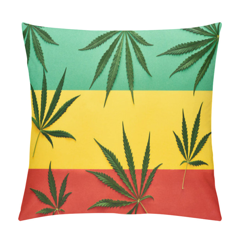 Personality  Top View Of Cannabis Leaves On Rastafarian Flag Background Pillow Covers