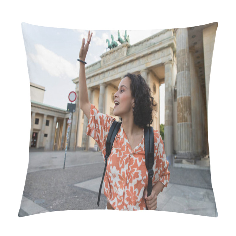 Personality  Excited Tourist With Backpack Waving Hand Near Brandenburg Gate In Berlin  Pillow Covers