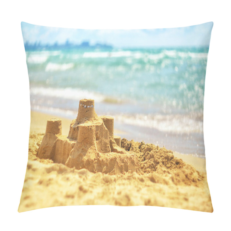 Personality  Sand Castle On The Sandy Shore Against The Background Of The Sea. Summer Landscape Pillow Covers