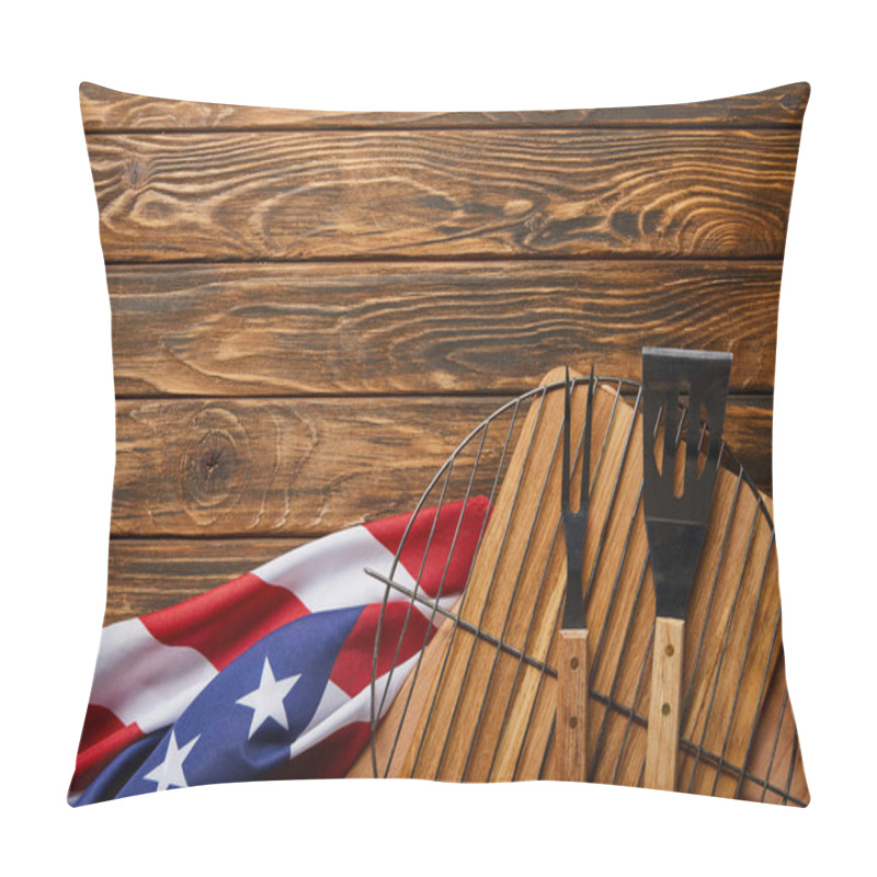 Personality  Top View Of Crumpled American Flag And Bbq Equipment On Wooden Rustic Table With Copy Space Pillow Covers