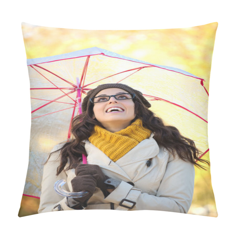 Personality  Fashion Woman Under Autumn Rain With Umbrella Pillow Covers