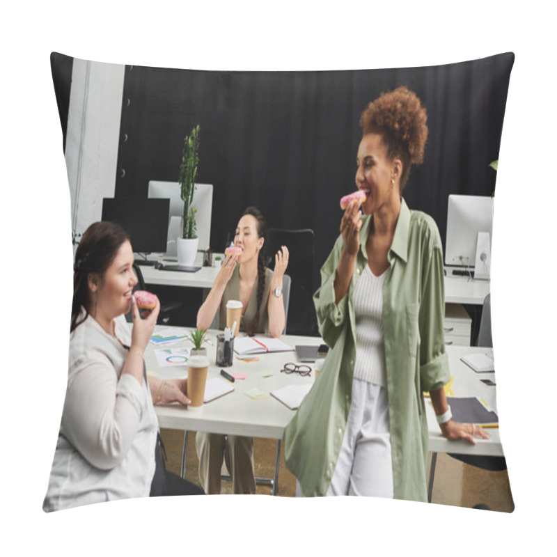 Personality  Three Professionals Share Laughs And Donuts While Brainstorming Ideas In A Stylish Office. Pillow Covers