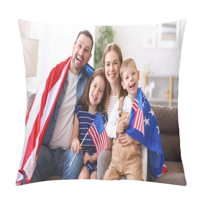 Personality  Young Happy American Family Parents And Two Little Kids Sitting On Sofa At Home With Flags Of United States And Smiling At Camera While Celebrating Independence Day. Patriotic US Holiday Concept Pillow Covers