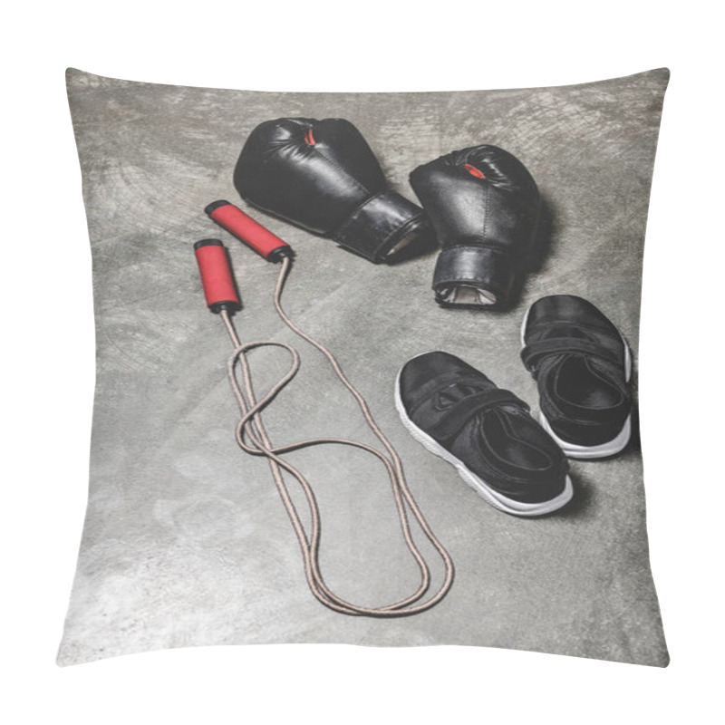 Personality  Sporting Shoes With Jumping Rope And Boxing Gloves On Concrete Surface Pillow Covers