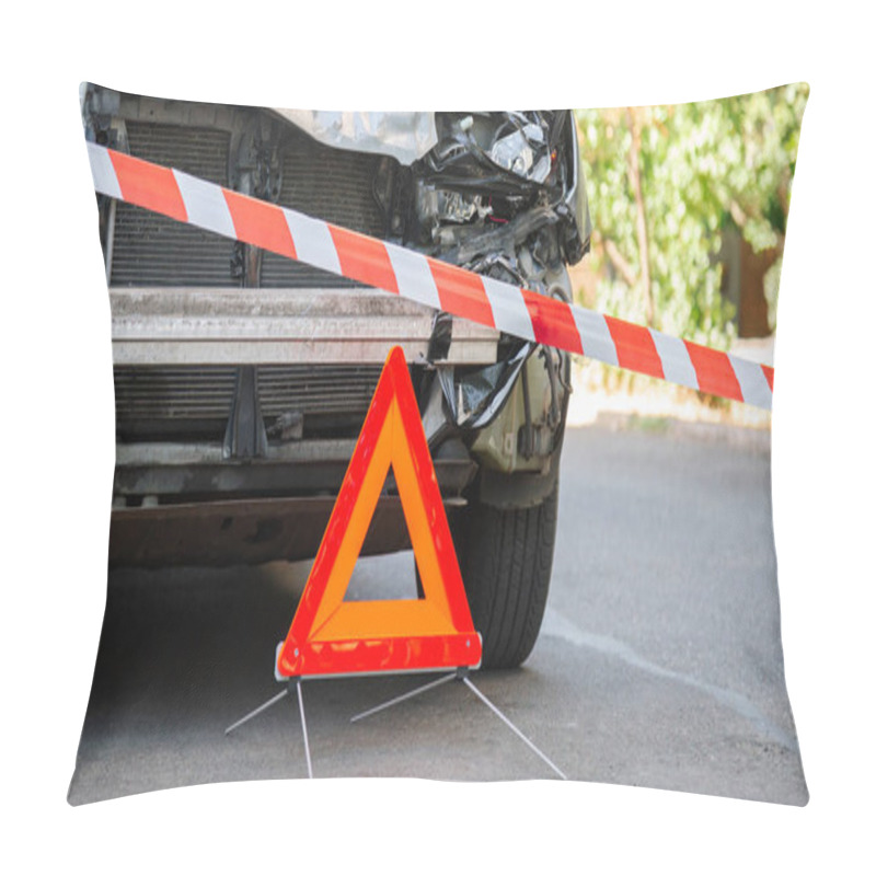 Personality  Destroyed Car In Car Crash Traffic Accident On City Road. Smashed Broken Car In Accident. Red Emergency Stop Triangle Sign And Red Warning Police Tape Afore. Long Web Banner Pillow Covers