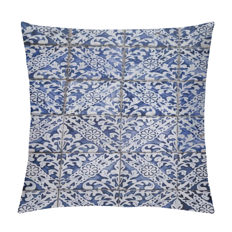 Personality  Intricate Blue And White Patterned Tiles Create A Stunning Visual Display. Pillow Covers