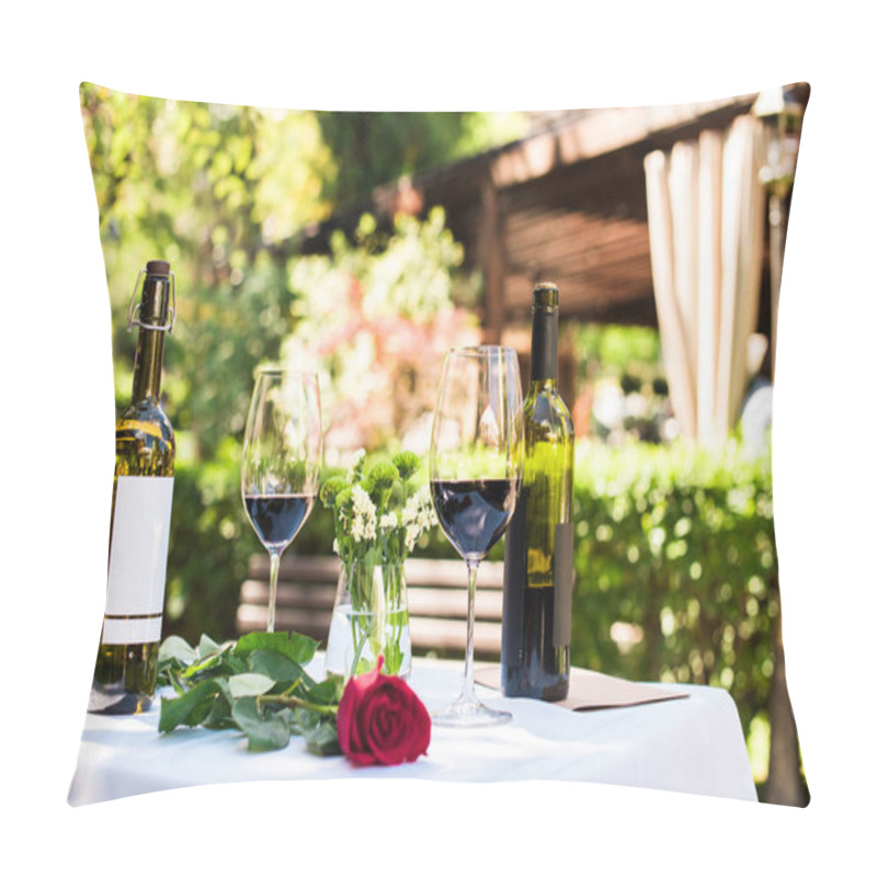 Personality  Rose Flower With Wine At Table In Restaurant Pillow Covers