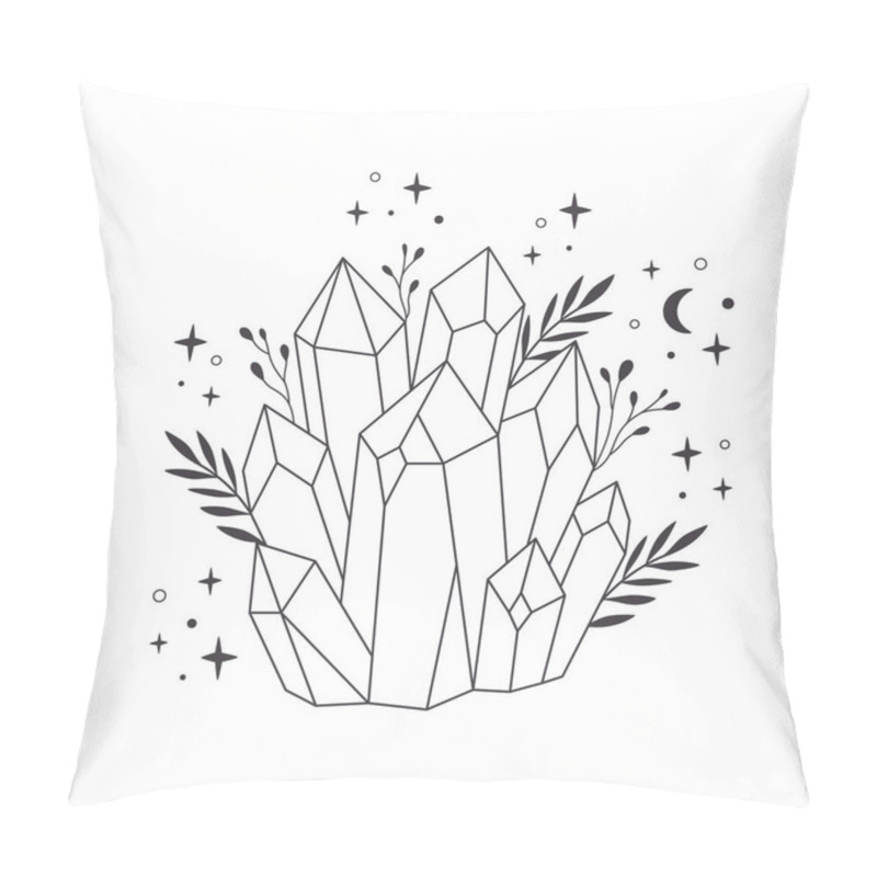 Personality  Mystical, Esoteric Or Healing Crystals With Flowers, Leaves. Linear Art. Editable Strocks. Vector Illustration Pillow Covers