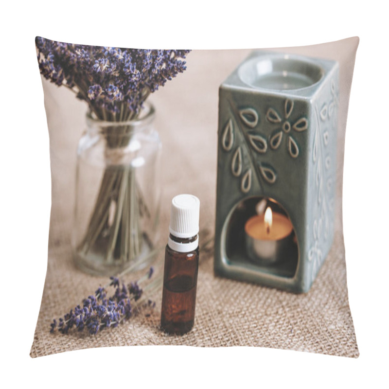 Personality  Close Up Of Aroma Lamp With Burning Candle And Essential Lavender Oil, An Aromatherapy Concept Pillow Covers