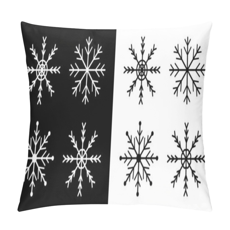 Personality  Snowflakes Icon Set. Four White Black Snowflake. Merry Christmas. Happy New Year Decoration Sign Symbol. Xmas Paper Craft. Snow Flake. Frozen Star Shape. Winter Background, Isolated Flat Design Vector Pillow Covers