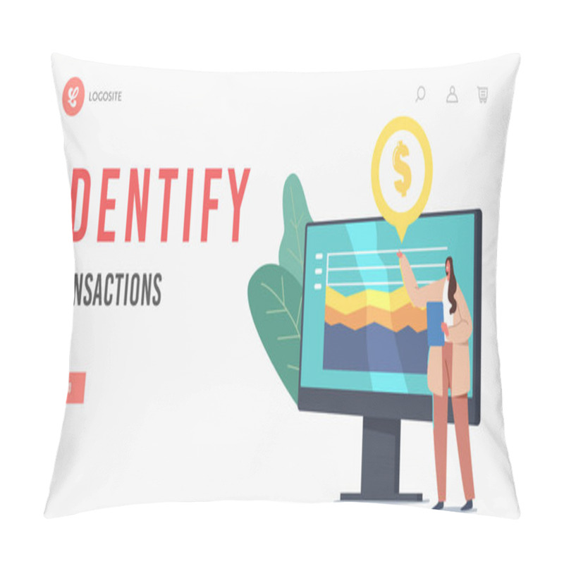 Personality  Business Presentation Landing Page Template.Tiny Businesswoman Character Give Financial Monitoring Statistics At Monitor Pillow Covers