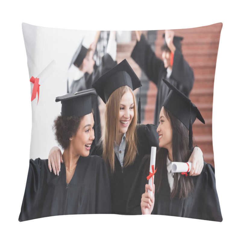 Personality  Happy Interracial Students With Diplomas Hugging  Pillow Covers