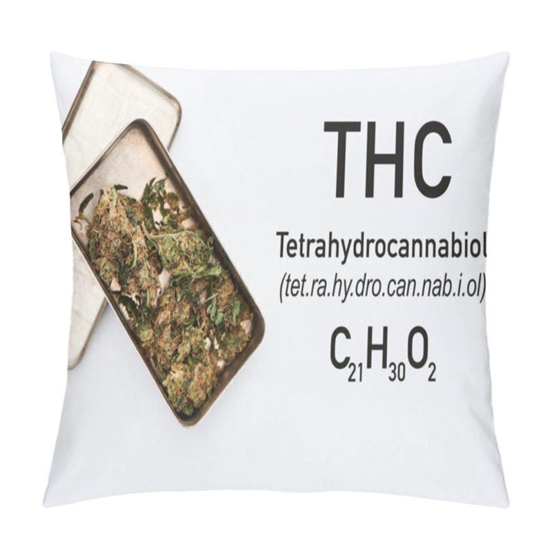 Personality  Top View Of Marijuana Buds In Metal Box On White Background With THC Illustration Pillow Covers