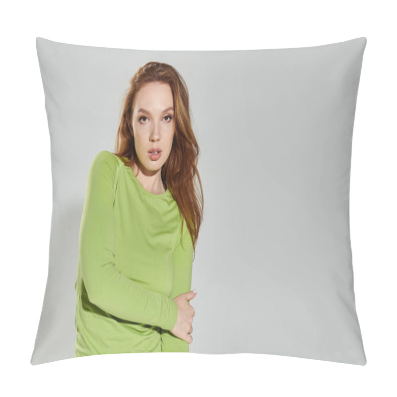 Personality  A Red Haired Woman Showcases Her Fashionable Outfit With A Confident Pose. Pillow Covers