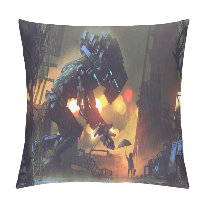 Personality  Kid Giving Umbrella To Giant Robot Pillow Covers