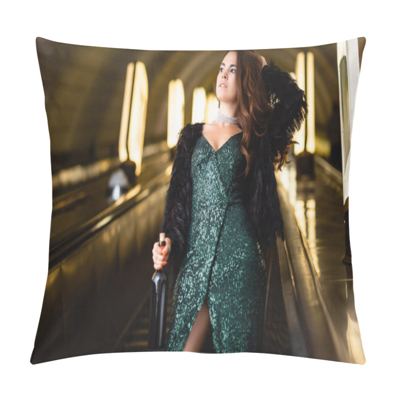 Personality  Cropped View Of Glamour Woman Posing On Escalator With Bottle Of Wine Pillow Covers