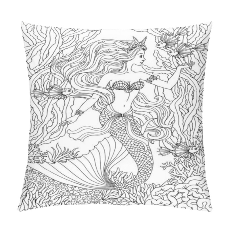 Personality  Beautiful Mermaid Undersea, Hand Drawn Vector Illustration On A White Background For Coloring Book. Pillow Covers