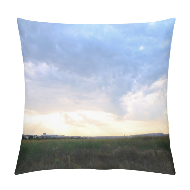 Personality  Photo Of Blue Sky And Clouds Over Wide Field Outdoors In Backgro Pillow Covers