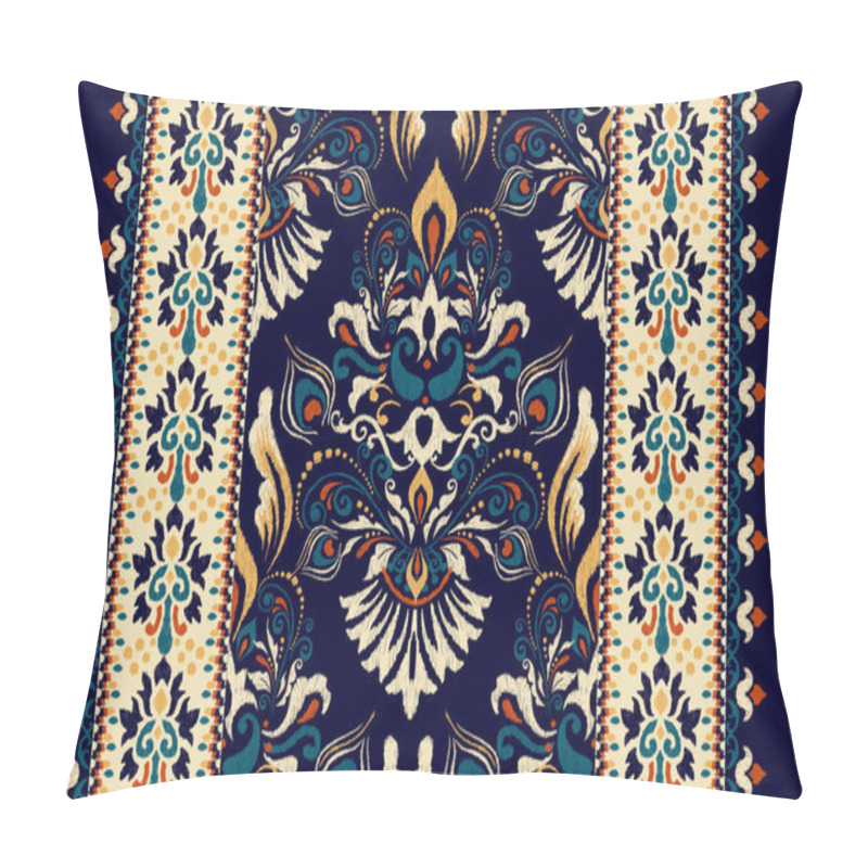 Personality  Ikat Floral Paisley Embroidery On Navy Blue Background.Ikat Ethnic Oriental Pattern Traditional.Aztec Style Abstract Vector Illustration.design For Texture,fabric,clothing,wrapping,decoration,carpet. Pillow Covers