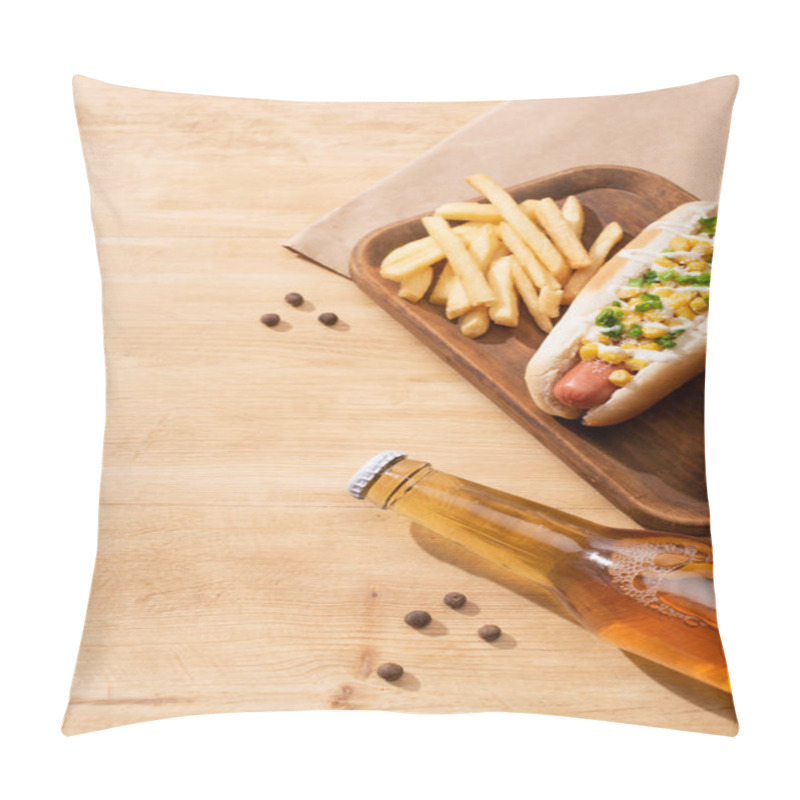 Personality  Delicious Hot Dog With Corn, Green Onion And Mayonnaise Near Beer And French Fries On Wooden Table Pillow Covers