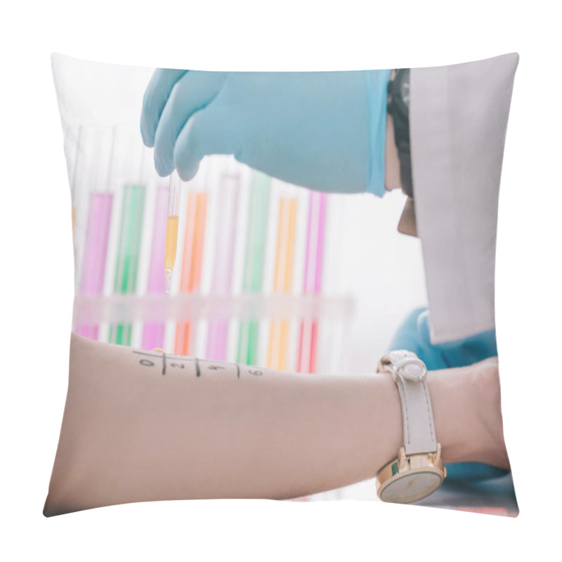 Personality  Selective Focus Of Marked Female Hand Near Pipette With Liquid In Hand Of Doctor In Latex Glove Pillow Covers