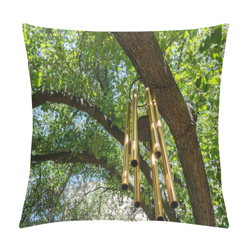 Personality  Golden Wind Chimes Hanging From The Tree In Outdoor Public Garden Pillow Covers