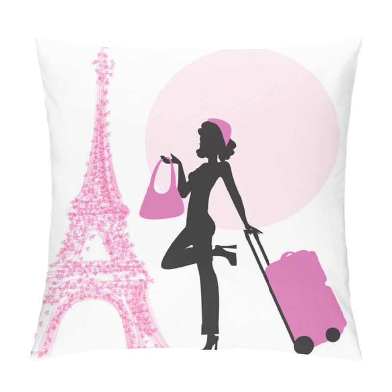 Personality  Woman With Suitcase In Paris Pillow Covers