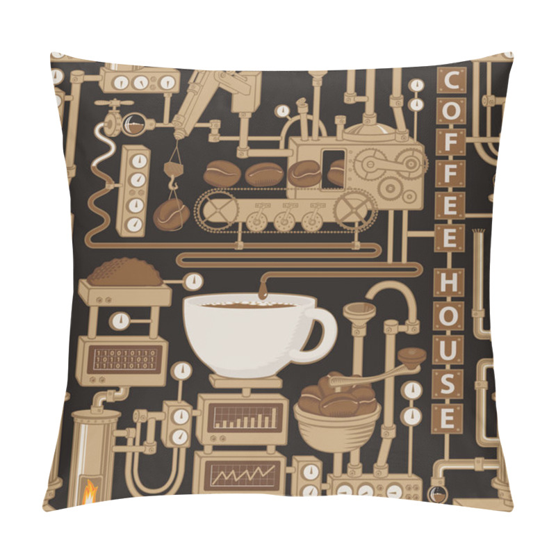 Personality  Vector Seamless Pattern On Coffee Theme With A Cup Of Freshly Brewed Coffee, Plant With Conveyor Coffee Production In Retro Style And With Words Coffee House. Pillow Covers