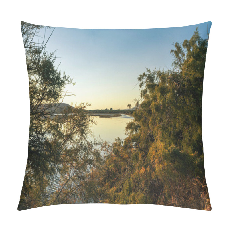 Personality  Sunlight Reflects On The Calm Waters Of Gialova Lagoon In Greece, Surrounded By Bushes And Distant Hills, Creating A Serene Atmosphere. Pillow Covers