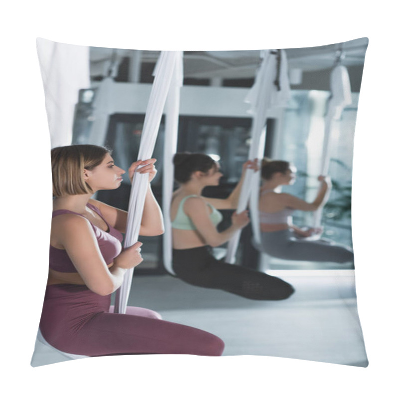 Personality  Sportive Women Practicing Yoga Pose In Aerial Yoga Hammocks, Blurred Background Pillow Covers