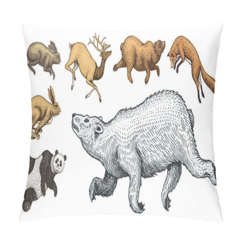 Personality  Soaring Red Fox Hare Rabbit Northern Brown Bear Deer. Set Of Wild Forest Animal Jumping Up. Vintage Style. Engraved Hand Drawn Sketch. Pillow Covers