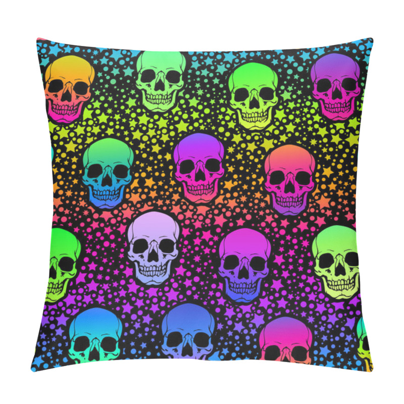 Personality  Seamless Illustration Of Neon Bright Human Skulls And Stars Pillow Covers