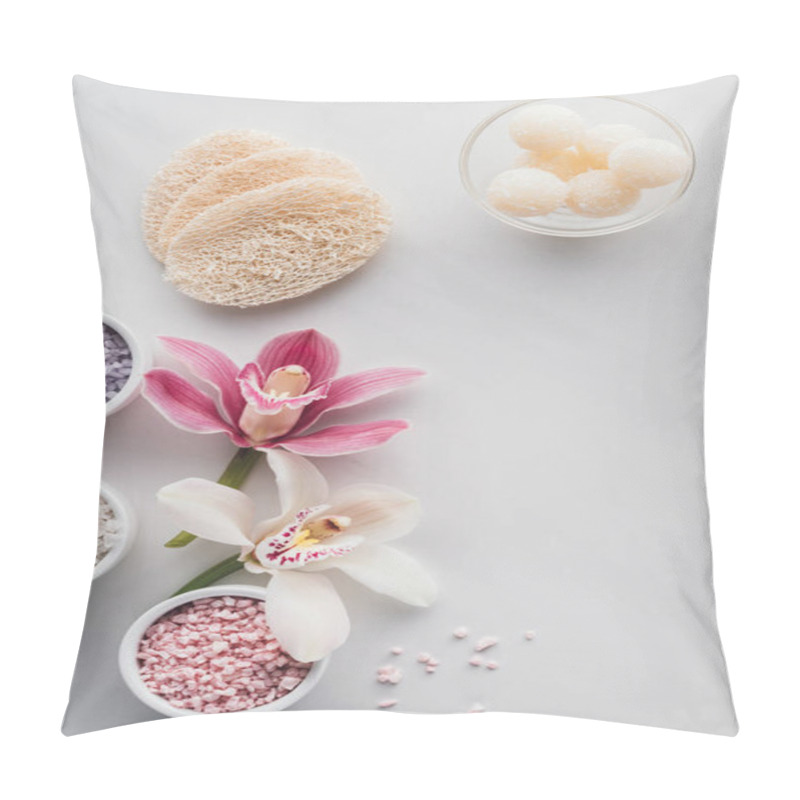 Personality  Beautiful Orchid Flowers, Sea Salt In Bowls And Sponges On White Background  Pillow Covers